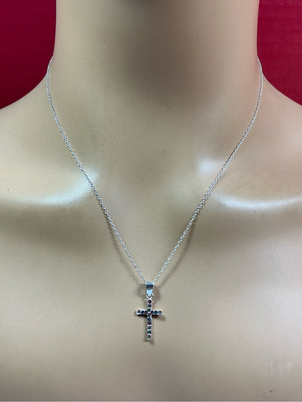 JCM Sterling Silver Cross Pendant Necklace with Multicolor Stones